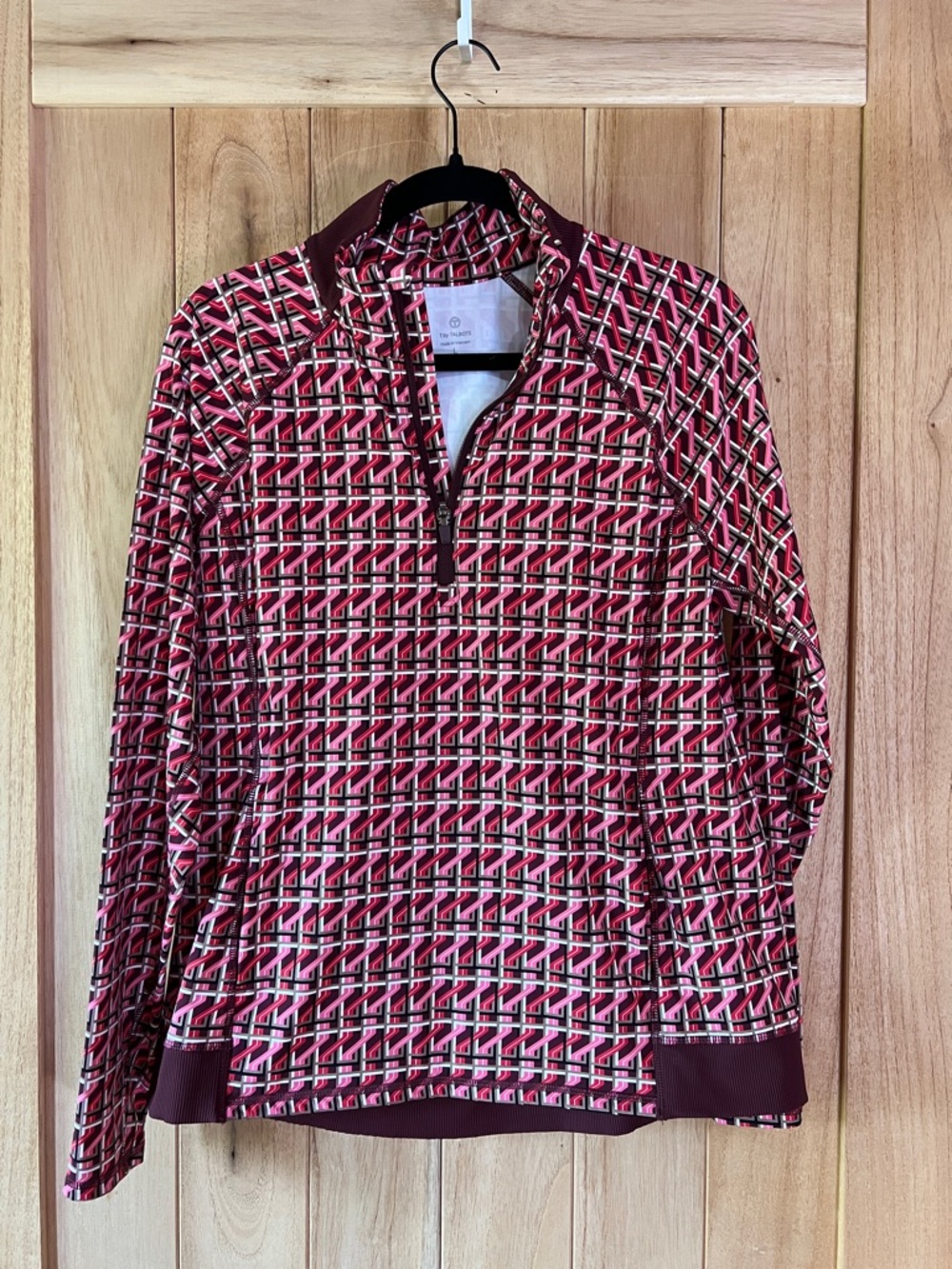 T by Talbots Pink and Burgundy Geometric Quarter-Zip Top
